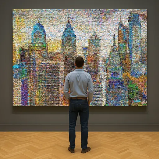 Photo mosaic maker examples showing different styles and subjects including portraits, landscapes, and artistic designs